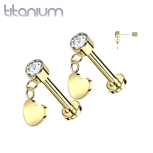 Pair of Implant Grade Titanium Gold PVD White CZ Heart Dangle Threadless Push In Earrings With Flat Back