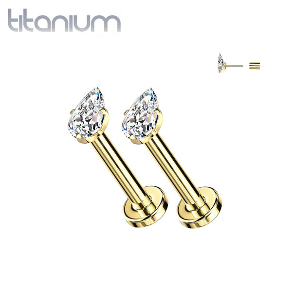 Pair of Implant Grade Titanium Gold PVD White CZ Teardrop Gem Push In Earrings With Flat Back - Pierced Universe