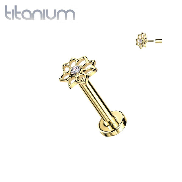 Implant Grade Titanium Gold PVD White CZ Lotus Flower Push In Threadless Labret With Flat Back