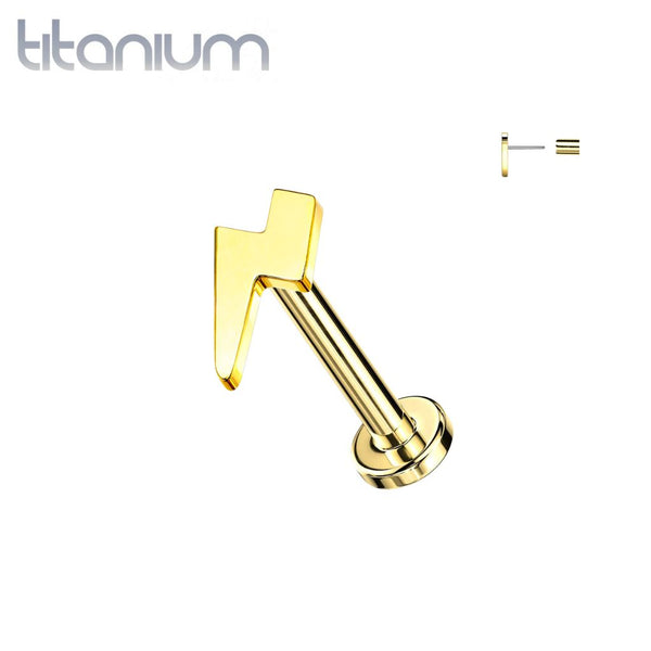Implant Grade Titanium Threadless Push In Tragus/Cartilage Gold PVD Lightning Bolt Stud With Flat Back