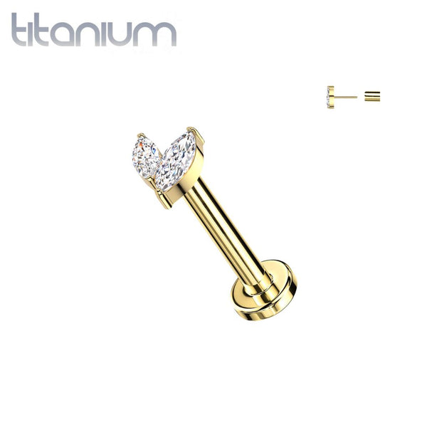 Implant Grade Titanium Gold PVD White CZ Leaf Marquise Gem Push In Threadless Labret With Flat Back