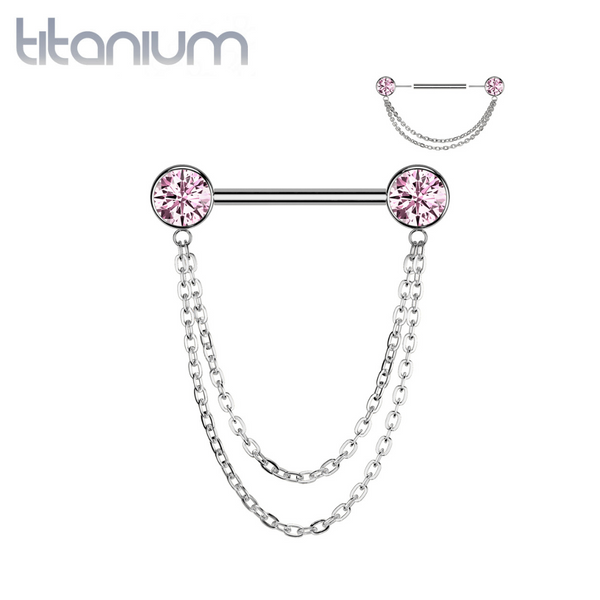 Implant Grade Titanium Pink CZ Bezel Chain Dangle Threadless Push In Straight Barbell Nipple Ring