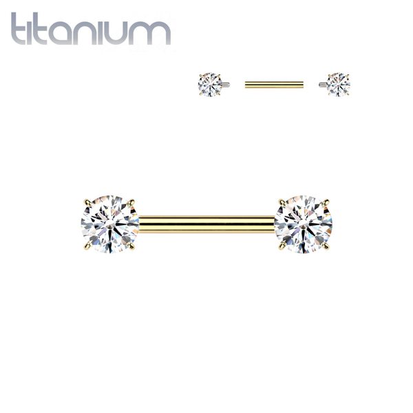 Implant Grade Titanium Gold PVD White CZ Internally Threaded Straight Barbell Nipple Ring