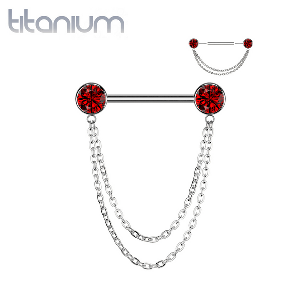 Implant Grade Titanium Red CZ Bezel Chain Dangle Threadless Push In Straight Barbell Nipple Ring