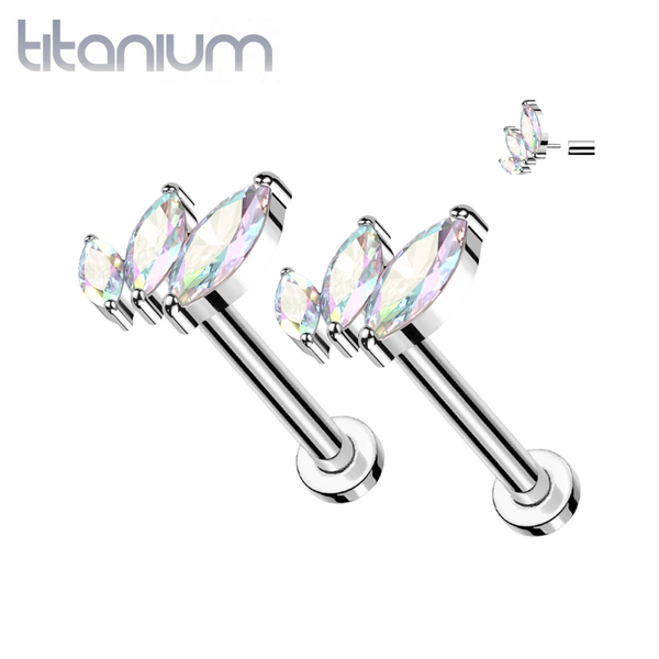 Implant Grade Titanium Aurora Borealis CZ Triple Marquise Threadless Push In Earrings With Flat Back