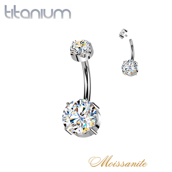 Implant Grade Titanium White Moissanite Internally Threaded Round Belly Ring
