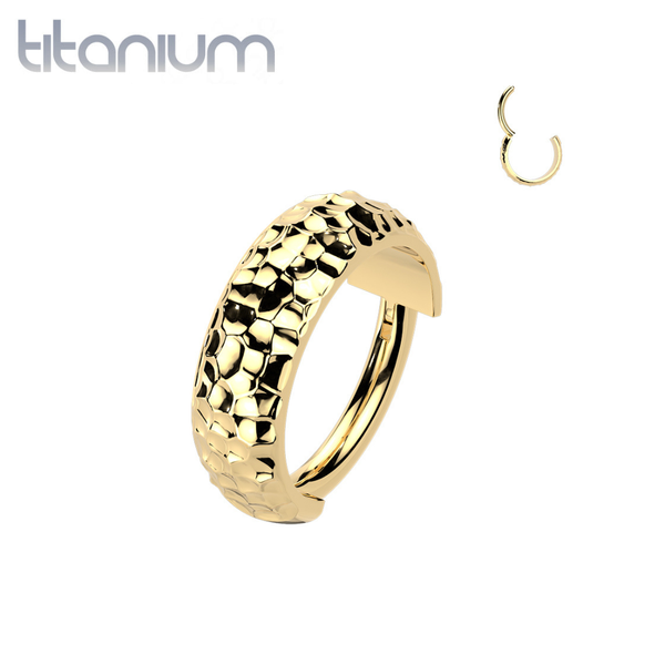 Implant Grade Titanium Gold PVD Thick Hammered Hinged Clicker Hoop - Pierced Universe