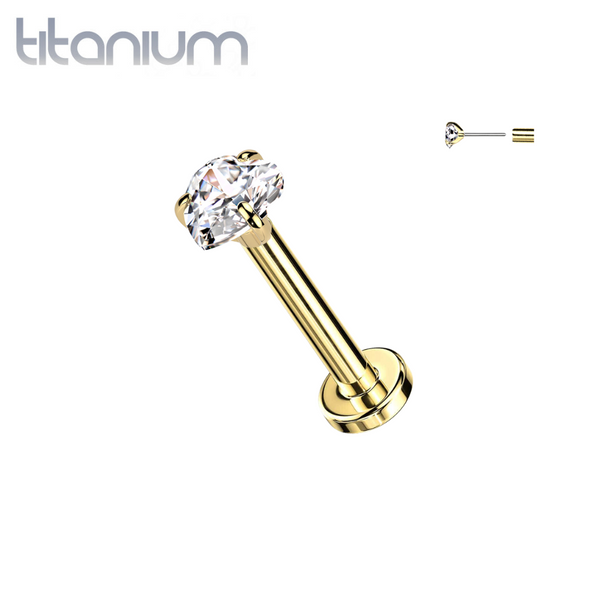 Implant Grade Titanium Gold PVD White CZ Heart Shaped Gem Threadless Push In Labret With Flat Back