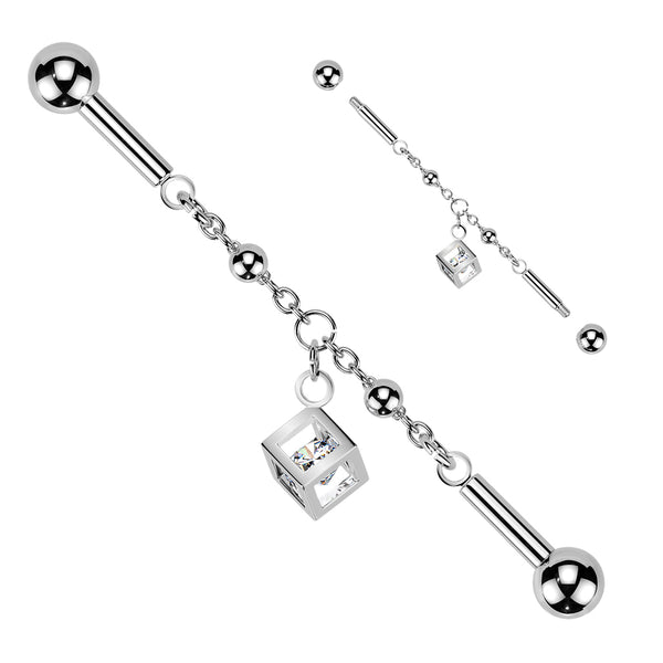 316L Surgical Steel White CZ Beaded Cube Dangle Flexible Industrial Barbell - Pierced Universe