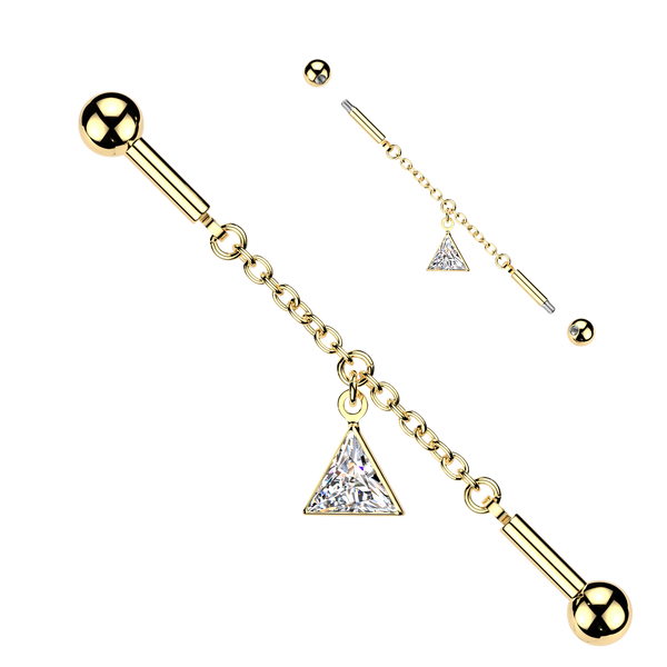 316L Surgical Steel Gold PVD White CZ Bezel Triangle Dangle Flexible Industrial Barbell