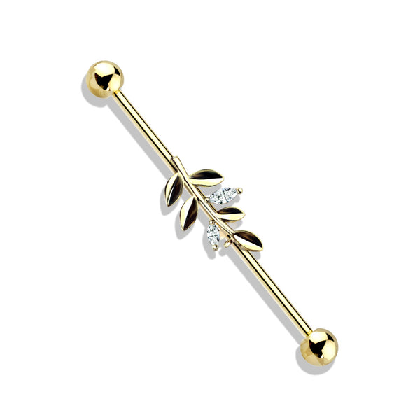 316L Surgical Steel Gold PVD White CZ Leaf Industrial Barbell - Pierced Universe