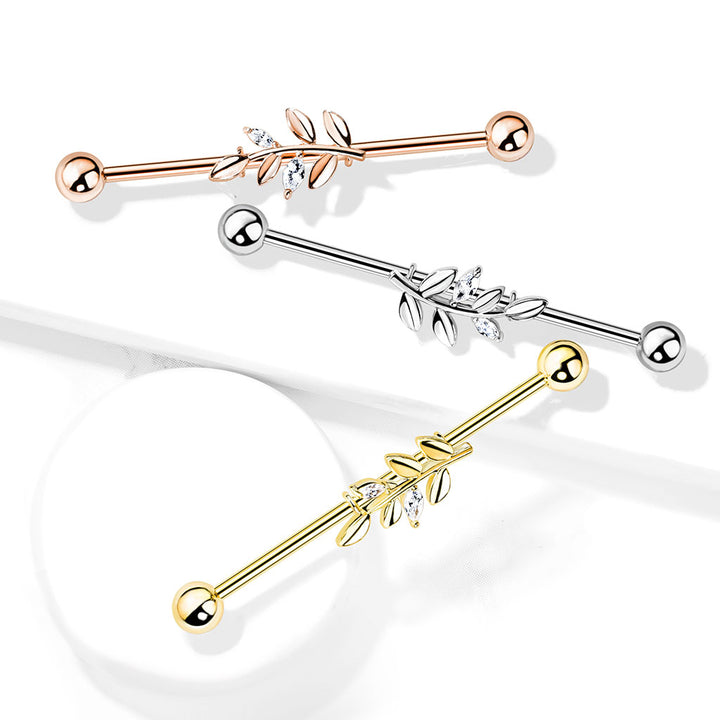 316L Surgical Steel Gold PVD White CZ Leaf Industrial Barbell - Pierced Universe
