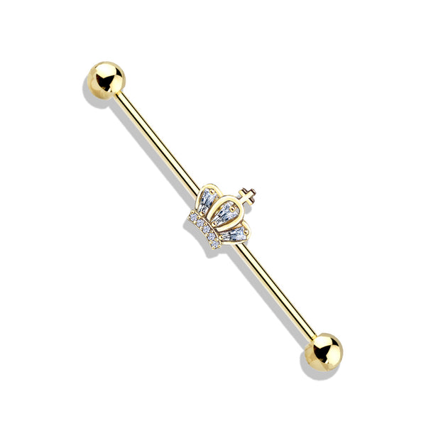 316L Surgical Steel Gold PVD White CZ Crown Industrial Barbell - Pierced Universe