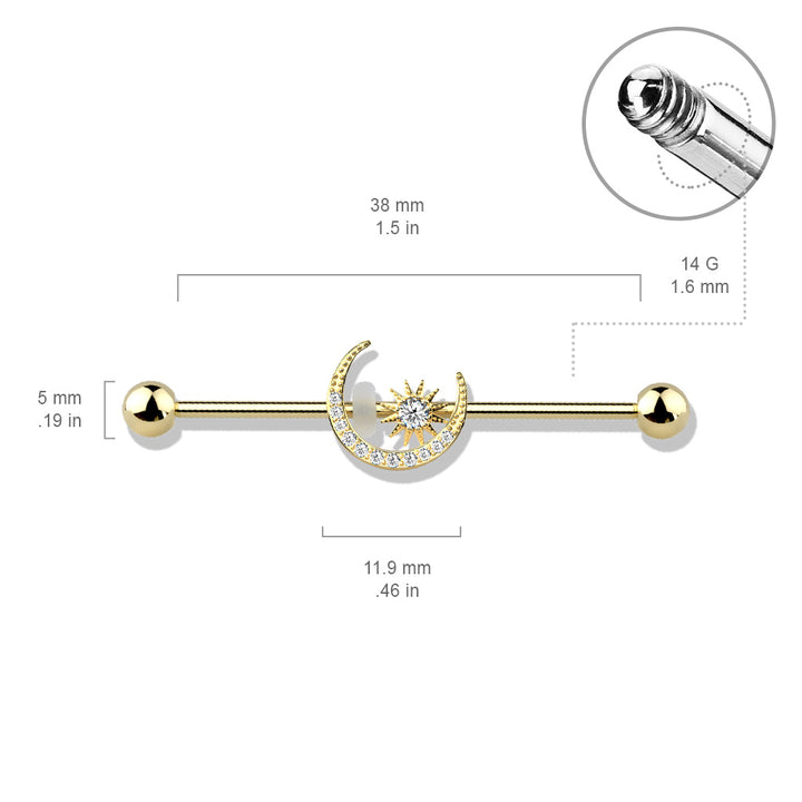 316L Surgical Steel Rose Gold PVD White CZ Gem Moon & Star Industrial Barbell - Pierced Universe