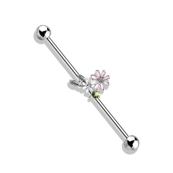 316L Surgical Steel Green CZ Gem With Flowers Industrial Barbell - Pierced Universe