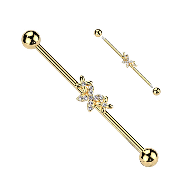 316L Surgical Steel Gold PVD White CZ 4 Petal Flower Industrial Barbell - Pierced Universe