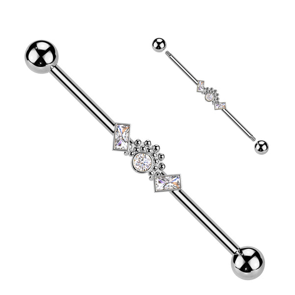 316L Surgical Steel White CZ Baguette Beaded Industrial Barbell