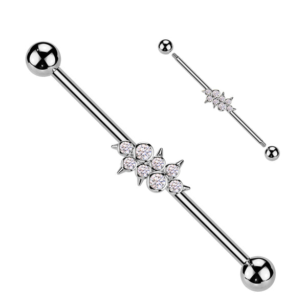 316L Surgical Steel White CZ Bezel Spike Gem Cluster Industrial Barbell