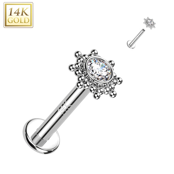 14KT White Gold White CZ Beaded Internally Threaded Flat Back Labret - Pierced Universe