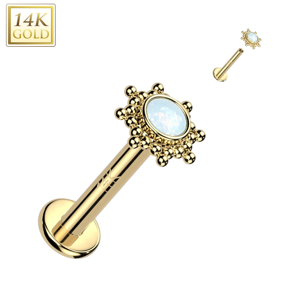 Gold Inverted Labret 14KT Yellow Gold White Opal Beaded Internally Threaded Flat Back Labret ...