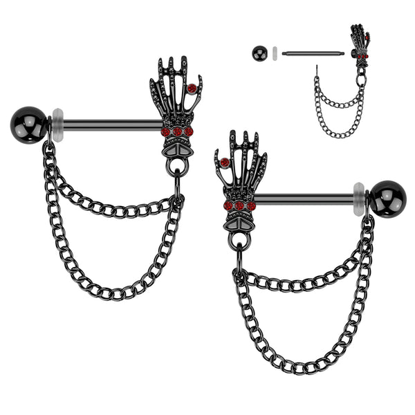 316L Surgical Steel Black PVD Red CZ Skeleton Hand Chain Nipple Ring Straight Barbell - Pierced Universe