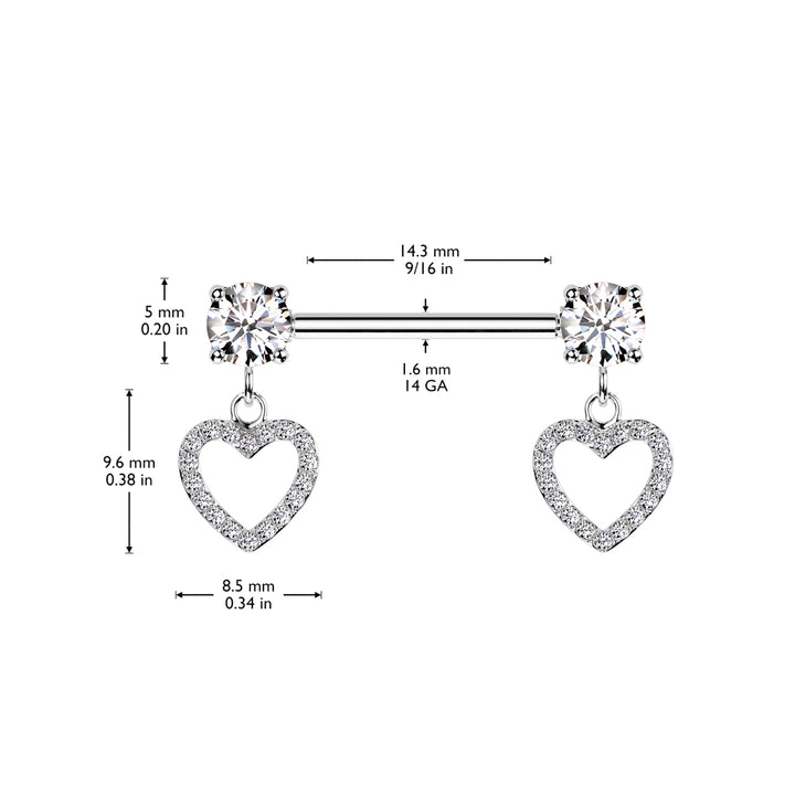316L Surgical Steel White CZ Heart Outline Dangle Nipple Ring Straight Barbell - Pierced Universe