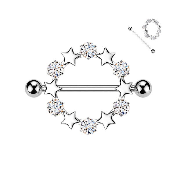 316L Surgical Steel White CZ & Star Full Circle Shield Nipple Ring - Pierced Universe