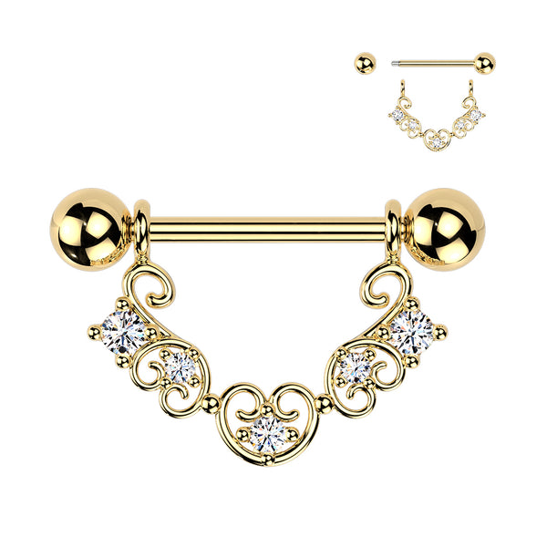 316L Surgical Steel Gold PVD White CZ Filigree Heart Shield Nipple Ring Straight Barbell - Pierced Universe
