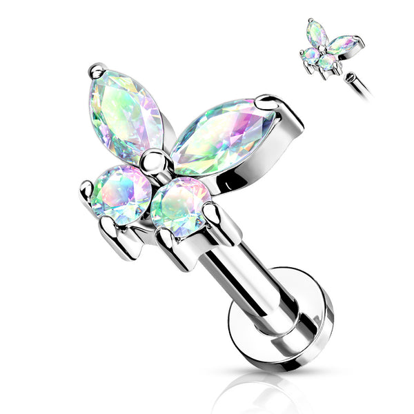 316L Surgical Steel Aurora Borealis CZ Dainty Butterfly Flat Back Labret - Pierced Universe