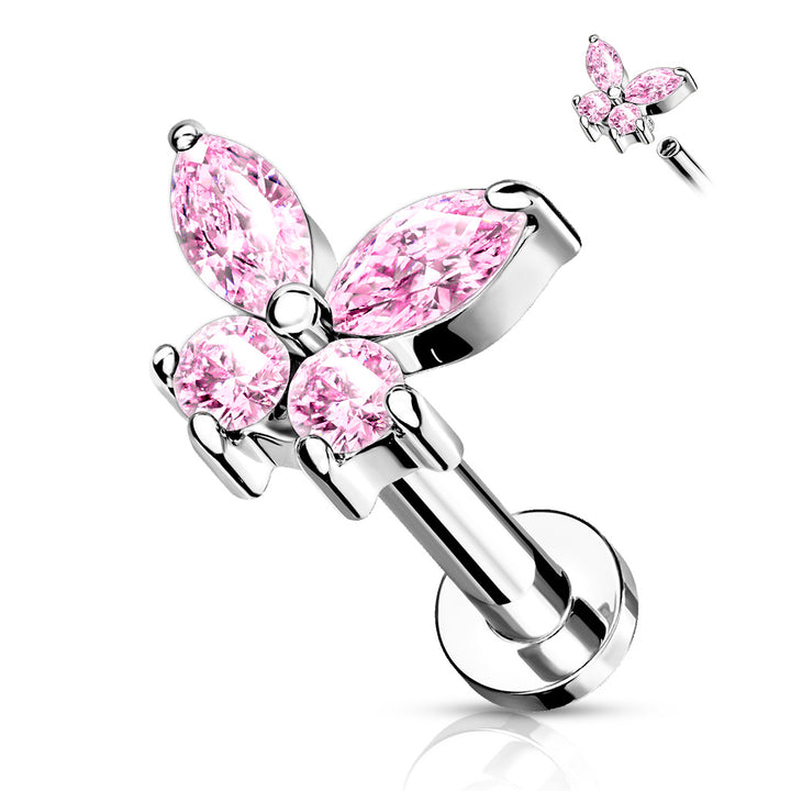 316L Surgical Steel Pink CZ Dainty Butterfly Flat Back Labret - Pierced Universe