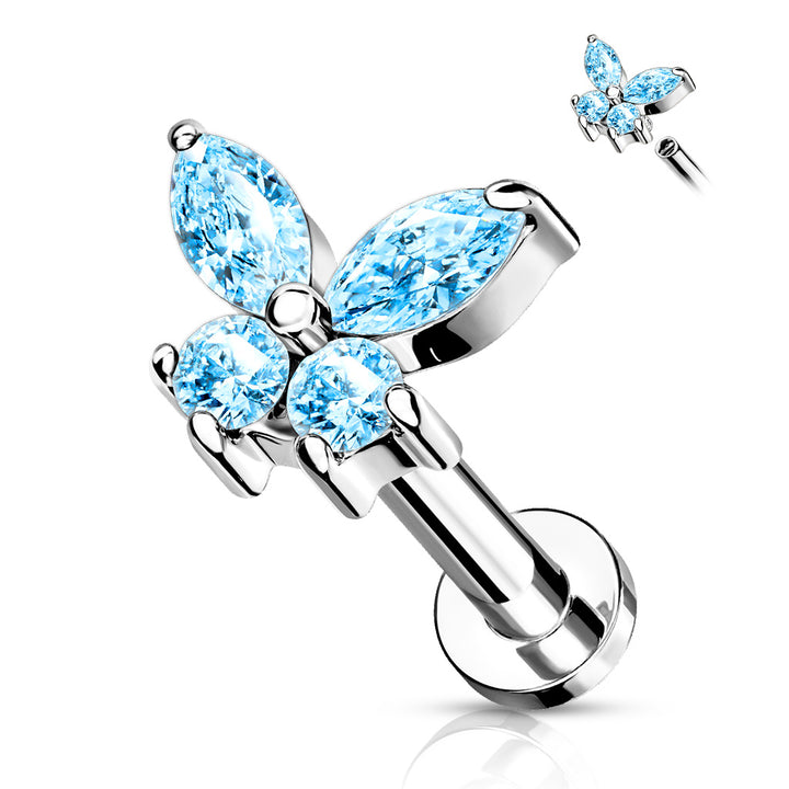 316L Surgical Steel Aqua CZ Dainty Butterfly Flat Back Labret - Pierced Universe