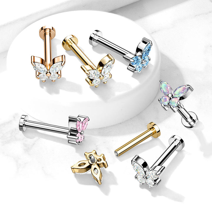 316L Surgical Steel Aqua CZ Dainty Butterfly Flat Back Labret - Pierced Universe