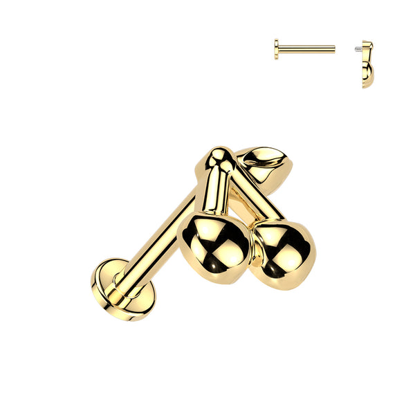 316L Surgical Steel Gold PVD Large Cherry Internally Threaded Flat Back Labret - Pierced Universe