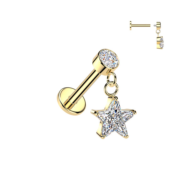 316L Surgical Steel Gold PVD White CZ Star Dangle Internally Threaded Flat Back Labret - Pierced Universe