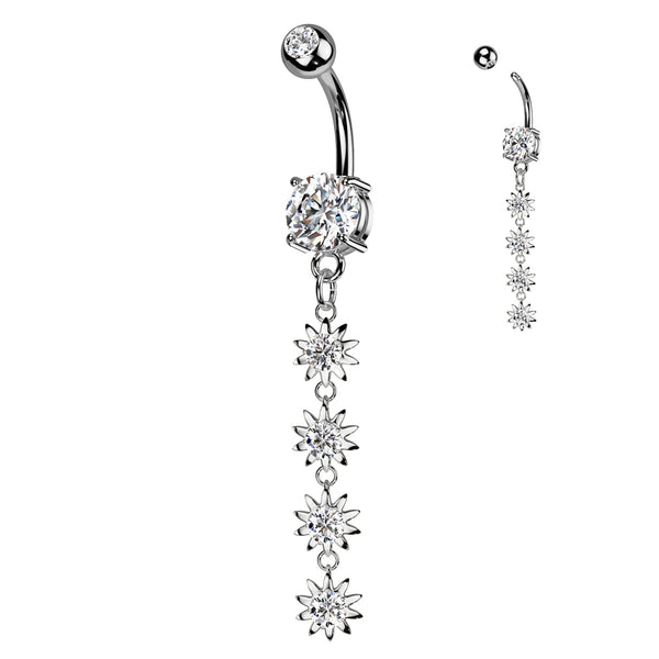 316L Surgical Steel White CZ Gem Long Flower Dangly Belly Ring