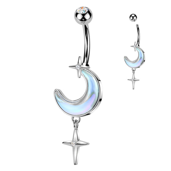 316L Surgical Steel Iridescent White CZ Crescent Moon Dangle Belly Ring