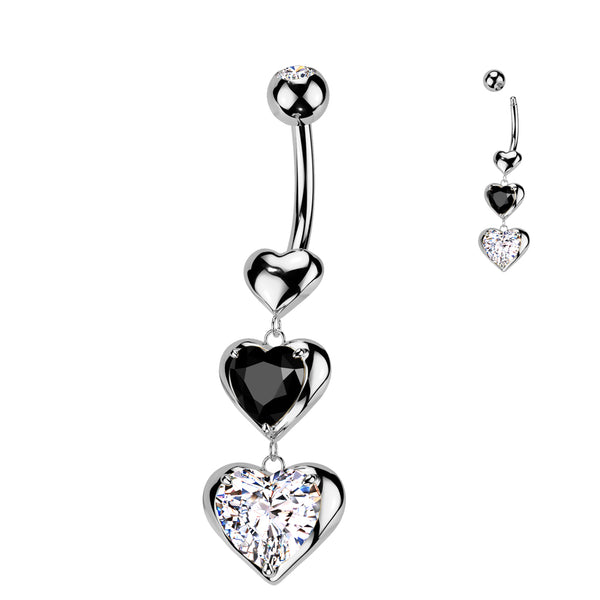 316L Surgical Steel Black & White CZ Heart Dangle Belly Ring