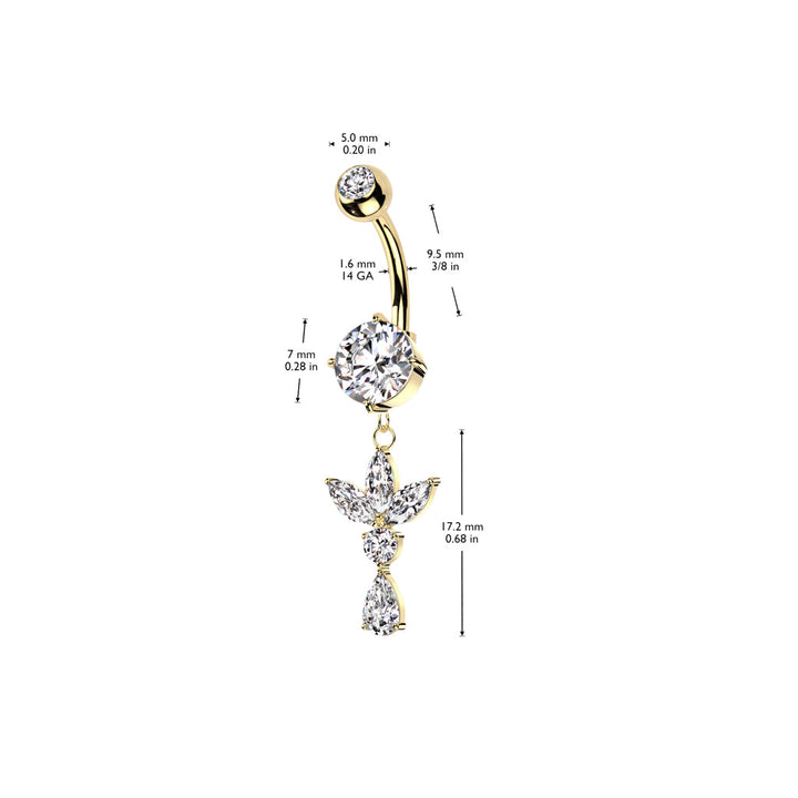 316L Surgical Steel Gold PVD White CZ Lotus With Teardrop Dangle Belly Ring - Pierced Universe