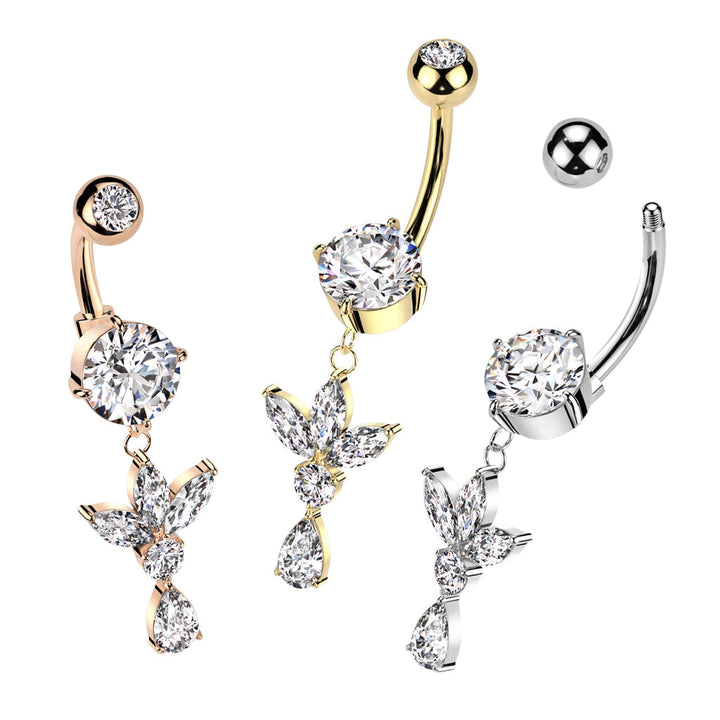 316L Surgical Steel Rose Gold PVD White CZ Lotus With Teardrop Dangle Belly Ring - Pierced Universe