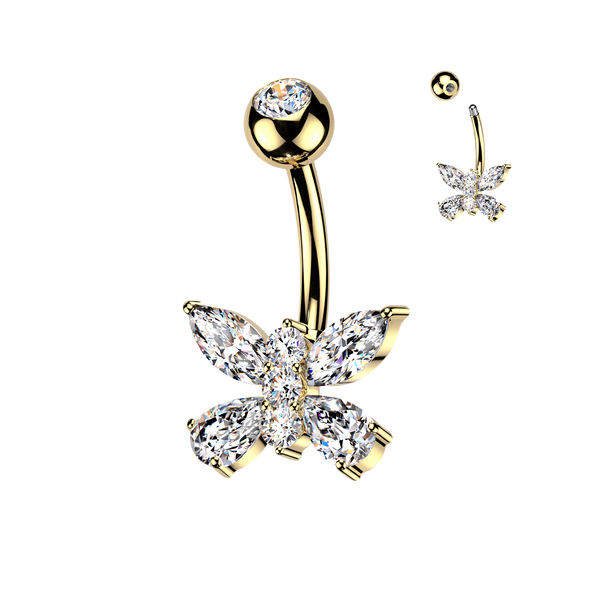316L Surgical Steel Gold PVD Butterfly White CZ Belly Ring