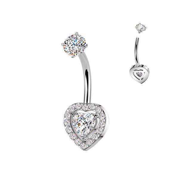 316L Surgical Steel Heart Shape Gem White CZ Internally Threaded Belly Ring - Pierced Universe