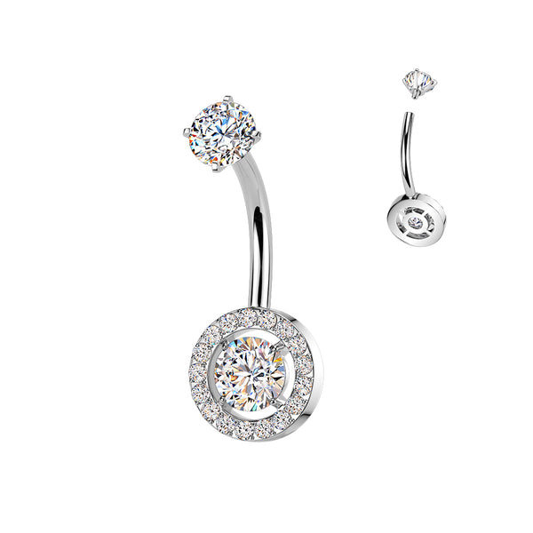 316L Surgical Steel White CZ Circle Pave Gem Internally Threaded Belly Ring - Pierced Universe