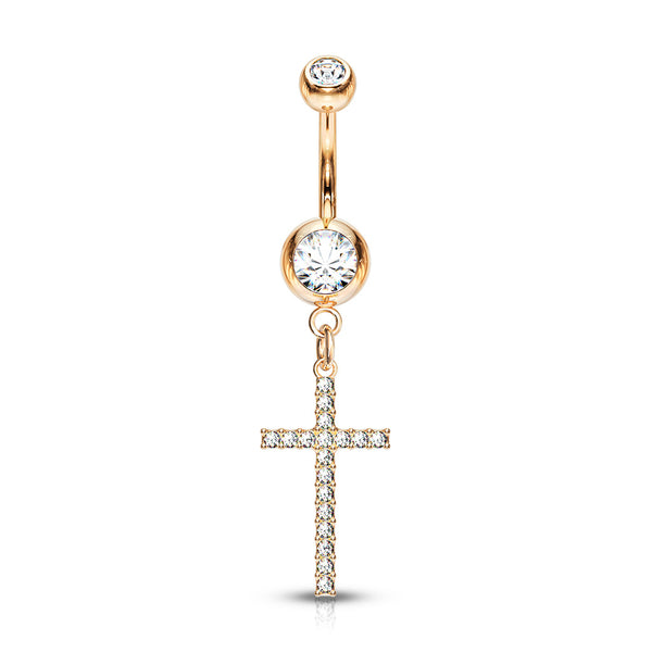 316L Surgical Steel Rose Gold PVD White CZ Thin Cross Dangly Belly Ring