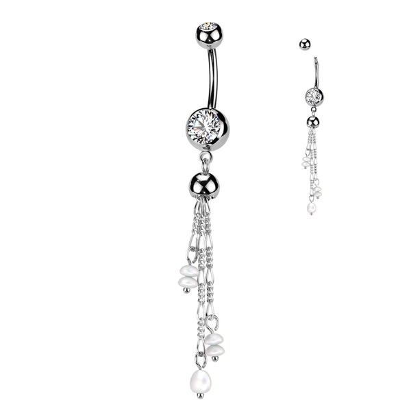 316L Surgical Steel White CZ & Pearl Long Dangly Belly Ring