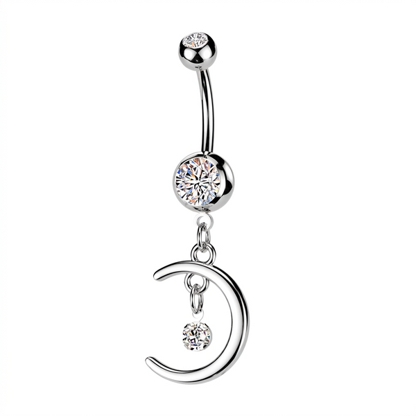 316L Surgical Steel White CZ Crescent Moon With Bezel Gem Dangly Belly Ring - Pierced Universe