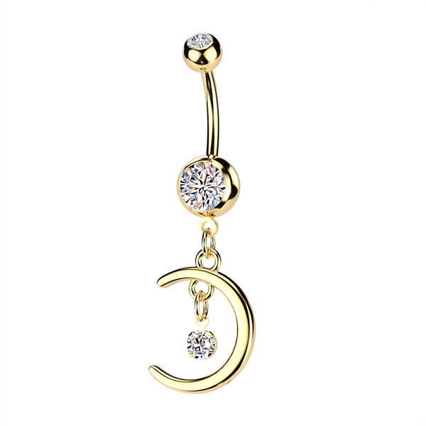 316L Surgical Steel Gold PVD White CZ Crescent Moon With Bezel Gem Dangly Belly Ring - Pierced Universe