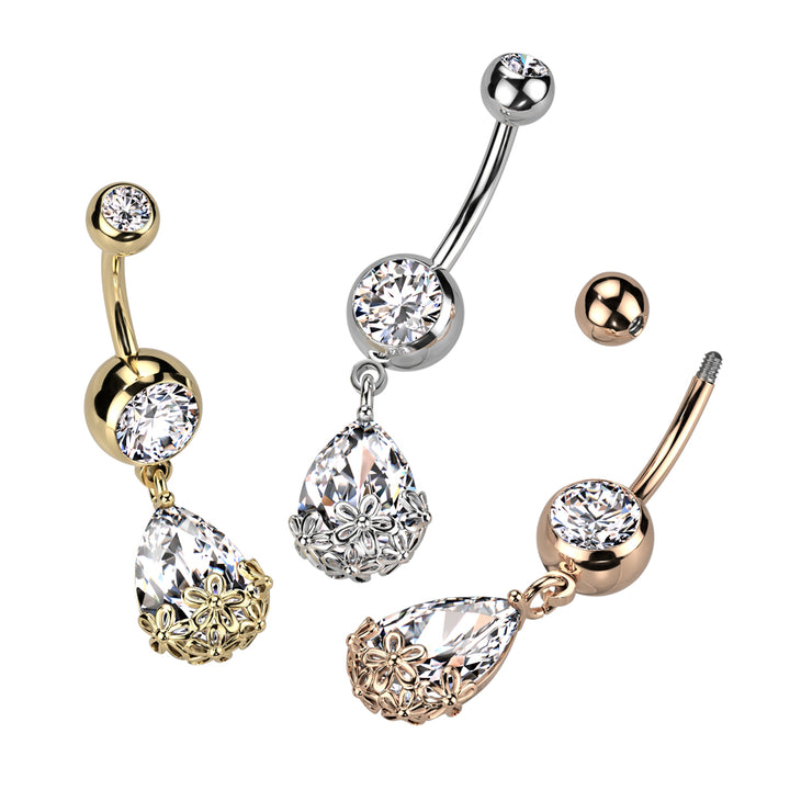316L Surgical Steel White CZ Teardrop With Flowers Dangly Belly Ring - Pierced Universe