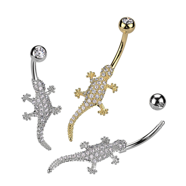 316L Surgical Steel Gold PVD White CZ Lizard Gecko Non Dangle Belly Ring - Pierced Universe