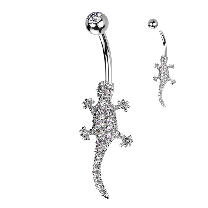 316L Surgical Steel White CZ Lizard Gecko Non Dangle Belly Ring - Pierced Universe