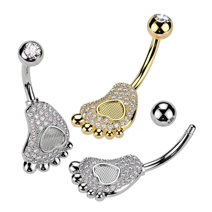 316L Surgical Steel White CZ Heart Baby Foot Belly Ring - Pierced Universe